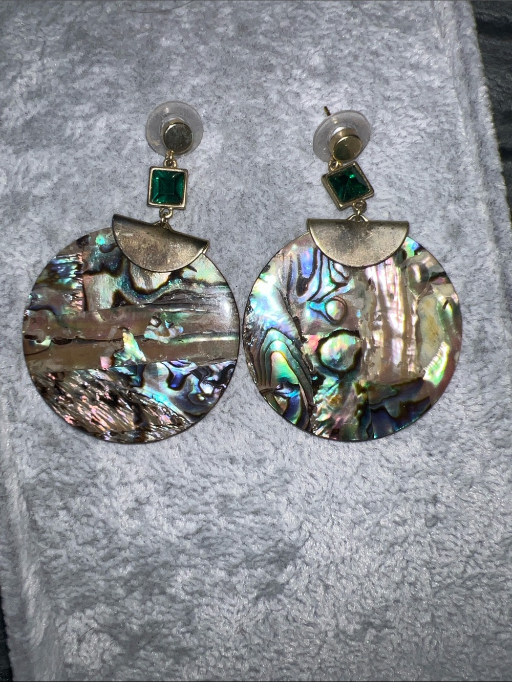 Abalone Shell Drop Earrings with Green Square Accent